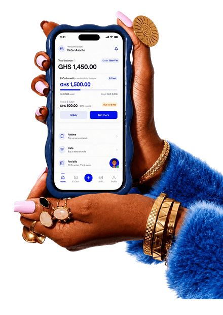 A customer holding a phone showing the Alt Solutions app with an E-Cash balance