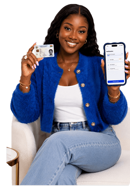 A customer holding her Ghana Card and a phone showing the Alt Solutions verification screen